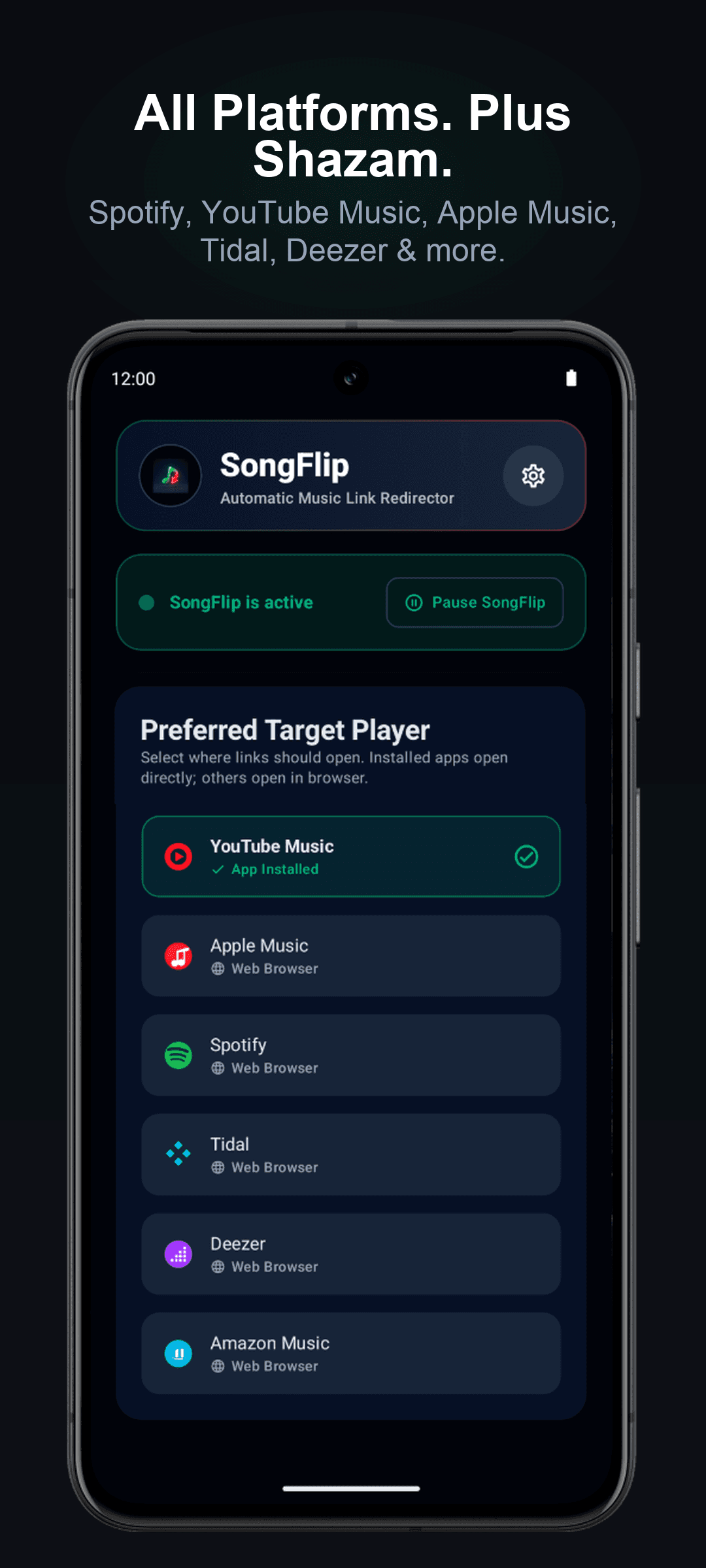 View of the app with all streaming services